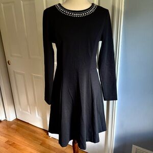 Michael Kors Jeweled Neck Fit & Flare Dress (8) – Black Long Sleeve LBD Formal
